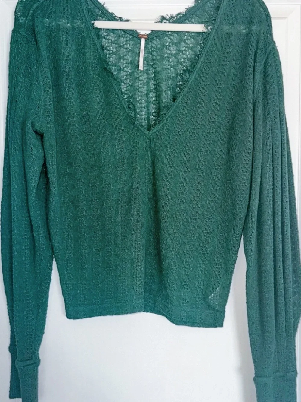 Free People Knit Pointelle Sweater Top Green V-Neck sz M